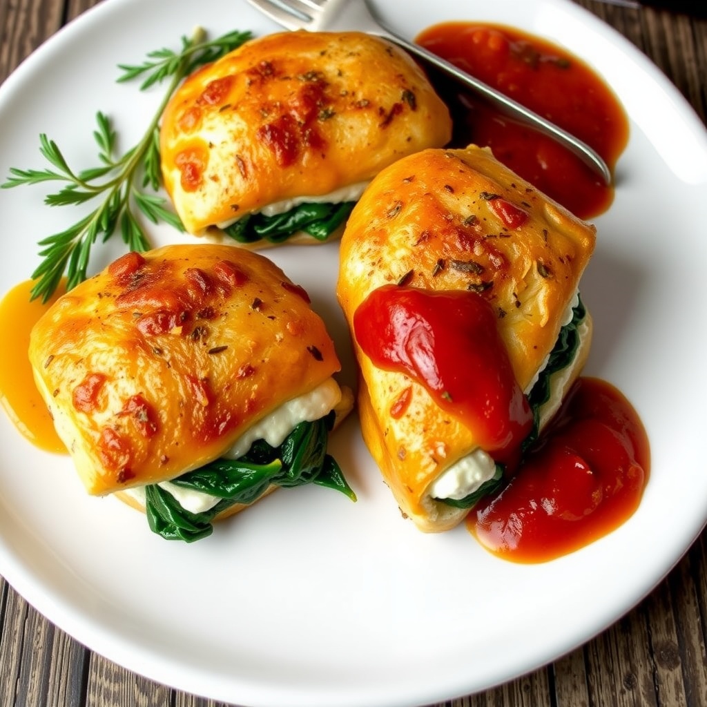 Spinach and Ricotta Stuffed Chicken served with marinara sauce, garnished with herbs on a rustic table.